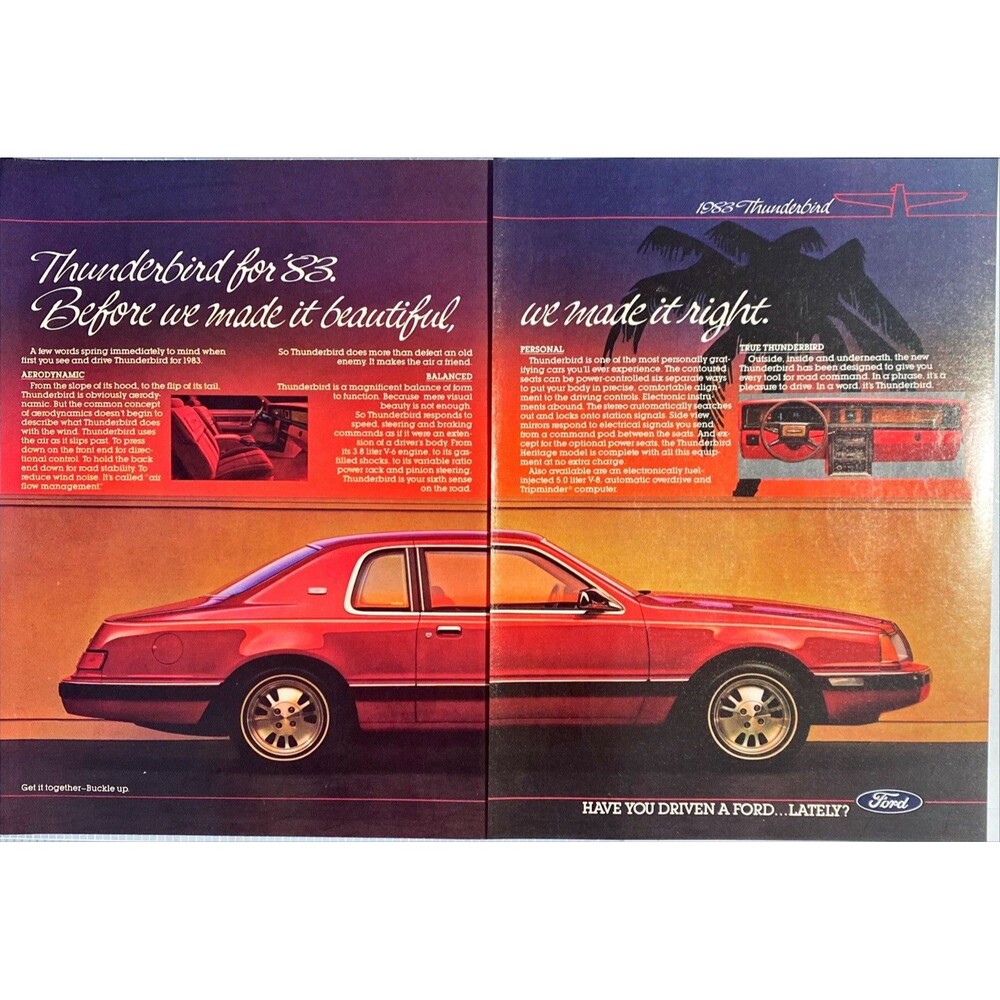 Ford Thunderbird "Before we made it beautiful, we made it right" 2-page Ad 1983
